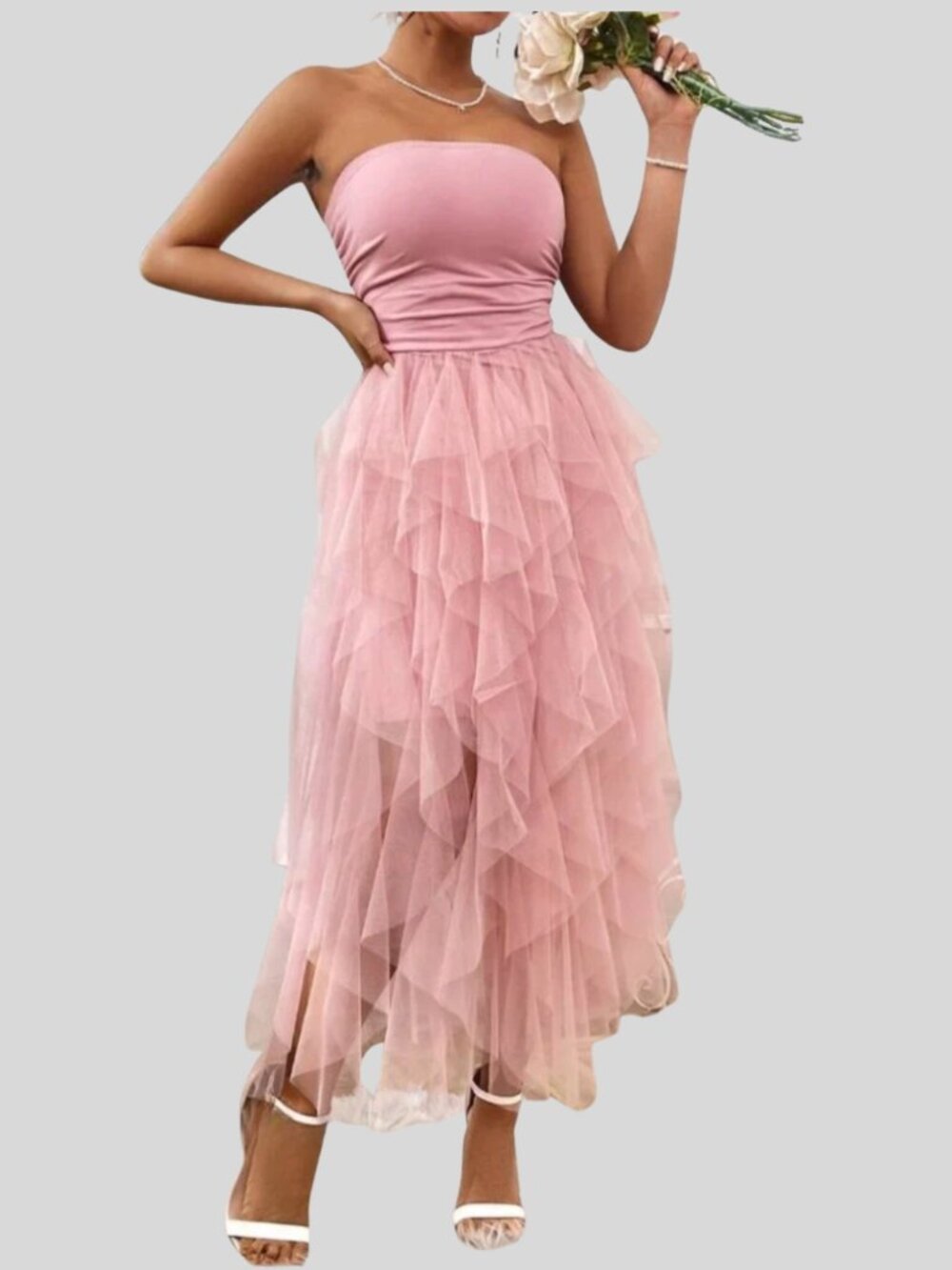 Tulle Mesh Strapless Dress Pink